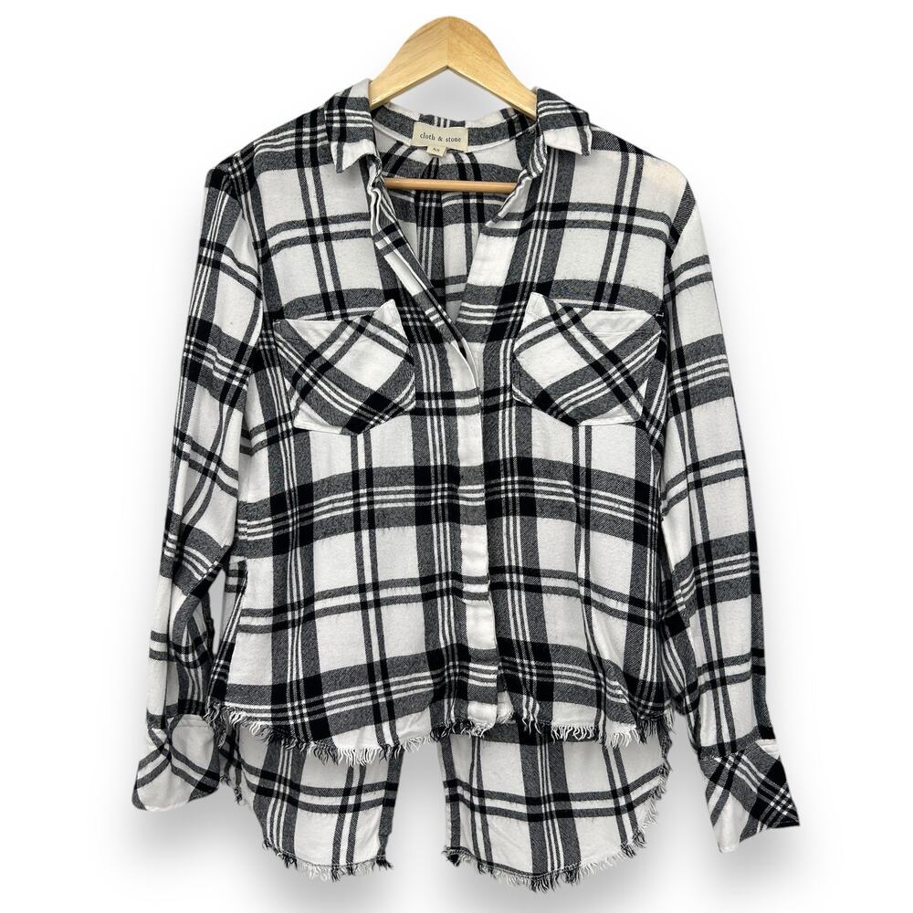 Cloth & Stone Plaid Roll Tab Sleeve Women’s XS Black White Soft Blouse